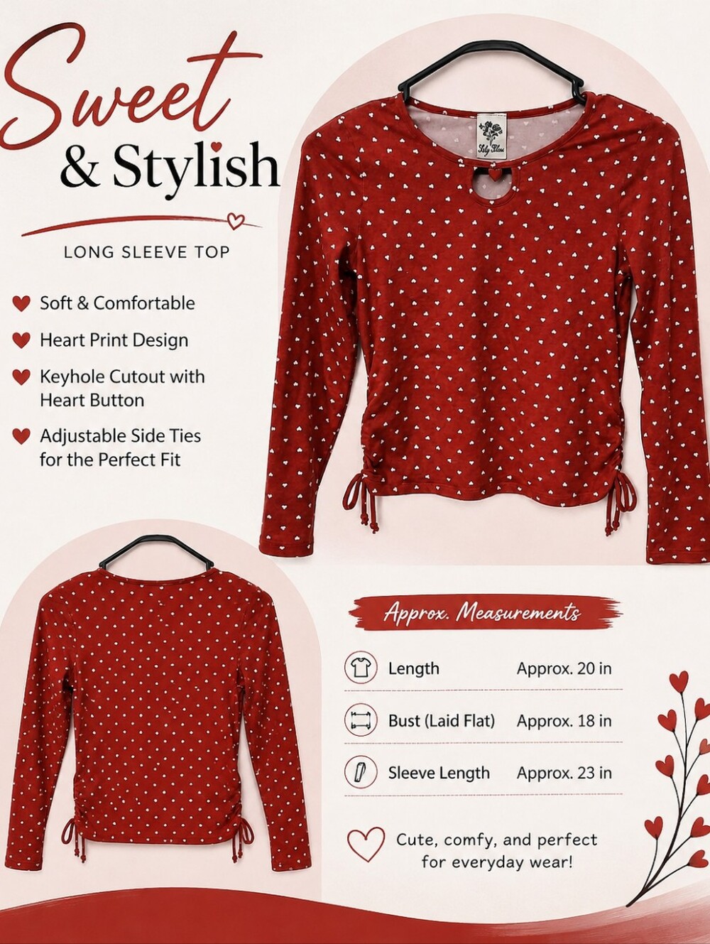 Lily Bleu Red Heart Print Long Sleeve Shirt Size 10 Girls